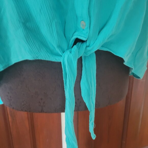 Chicos Womens Button-Up Tie-Front Blouse Size 2 Turquoise Large - Picture 2 of 7